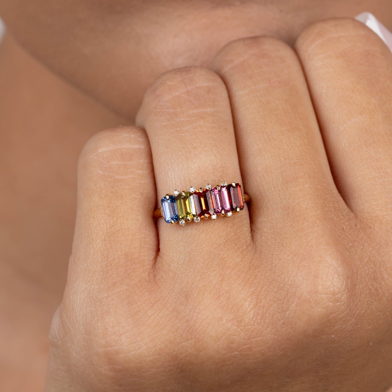  Inel Aur Galben 18K, Safire Multicolore 1.83 ct, Diamante 0.06 Ct 2