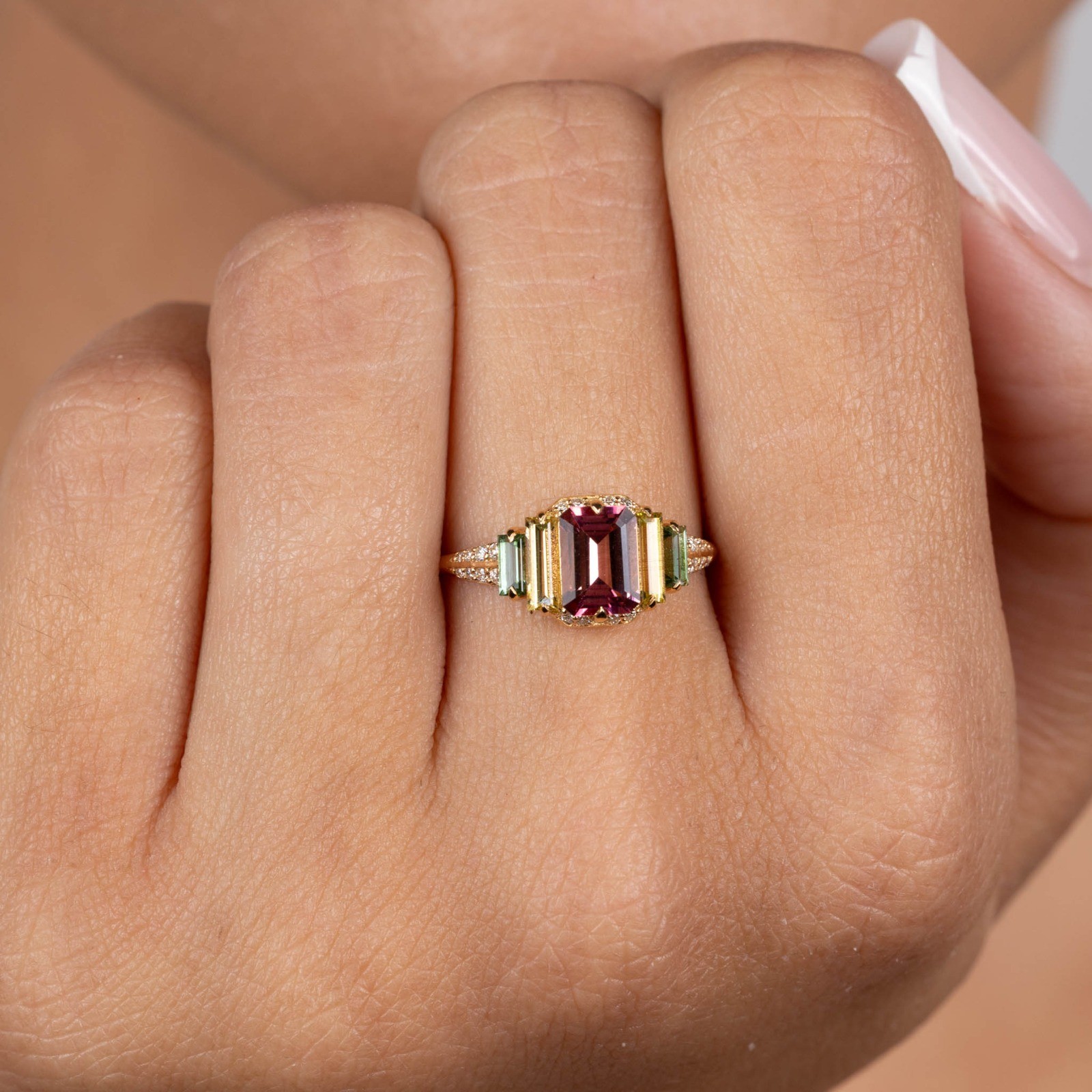  Inel Aur Galben 18K, Turmalina Roz 0.83 Ct, Turmalina Galbena 0.36 Ct, Turmalina Verde 0.26 Ct, Diamante 0.12 Ct 2