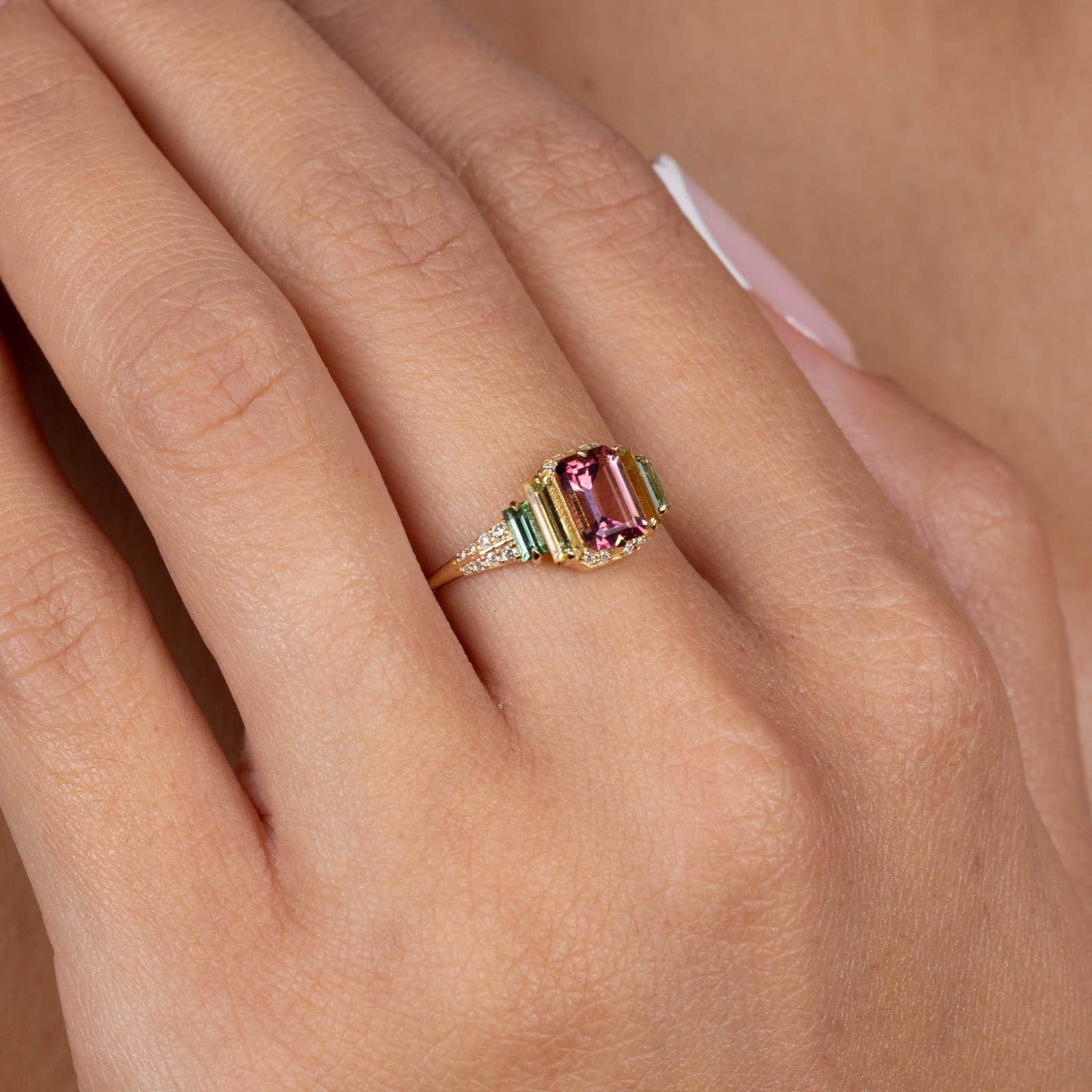  Inel Aur Galben 18K, Turmalina Roz 0.83 Ct, Turmalina Galbena 0.36 Ct, Turmalina Verde 0.26 Ct, Diamante 0.12 Ct 3