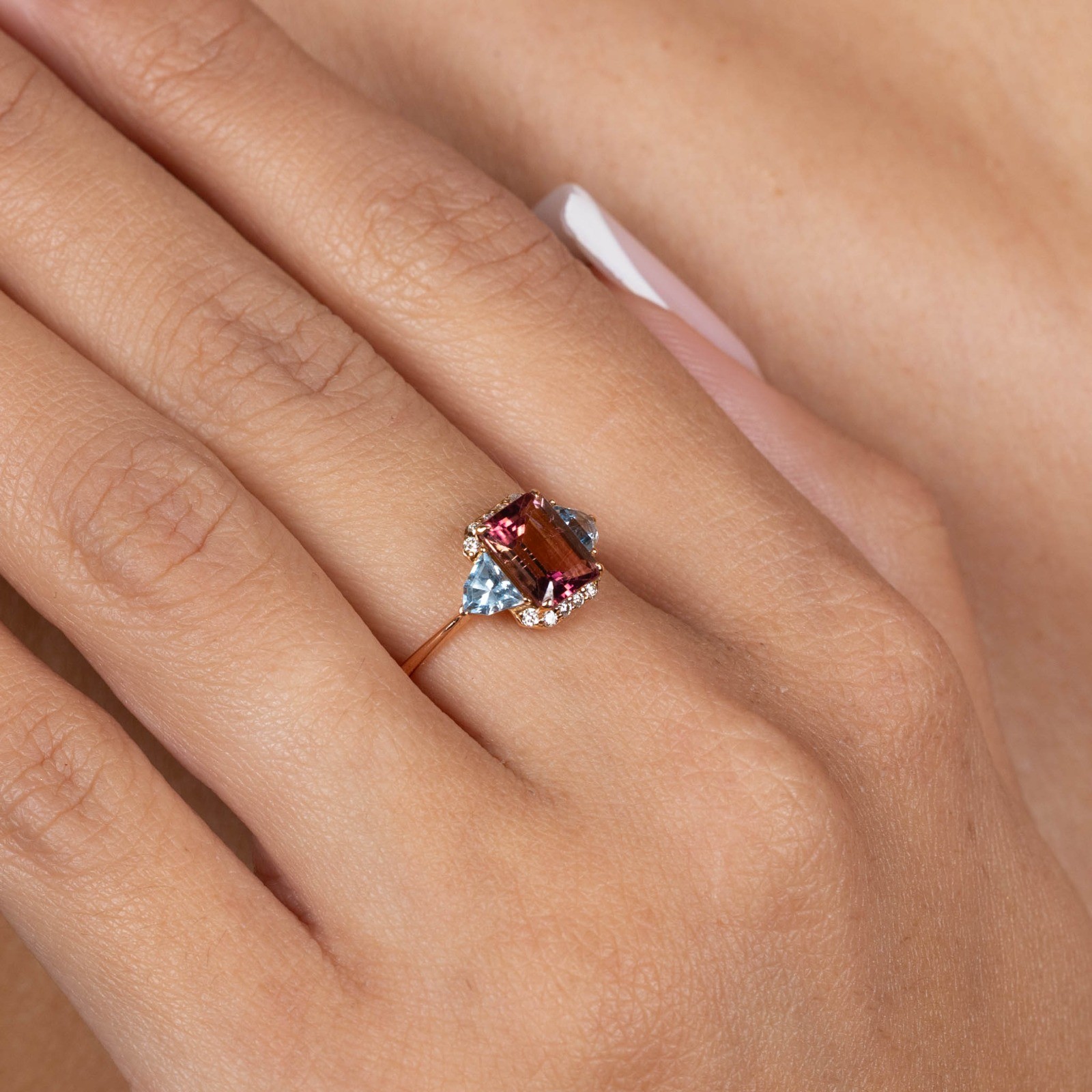  Inel Aur Roz 18K, Turmalina Roz 1.54 Ct, Aquamarine 0.48 Ct, Diamante 0.10 Ct 2