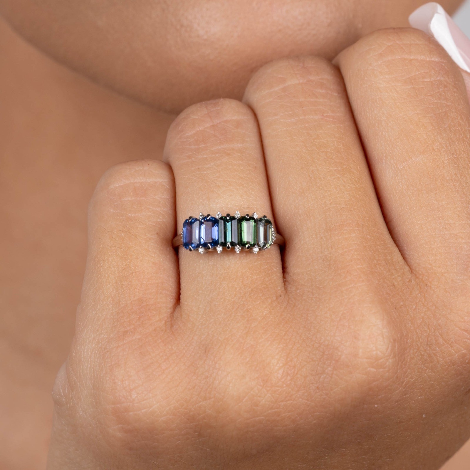  Inel Aur Alb 18K, Safire Multicolore 1.72 ct, Diamante 0.05 Ct 2