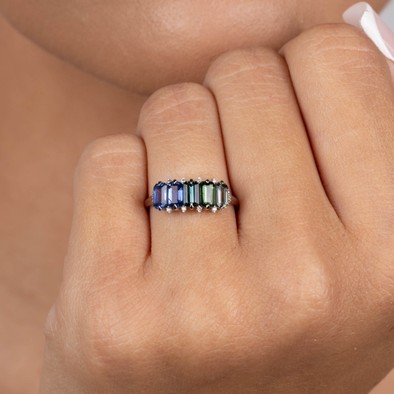  Inel Aur Alb 18K, Safire Multicolore 1.72 ct, Diamante 0.05 Ct 2