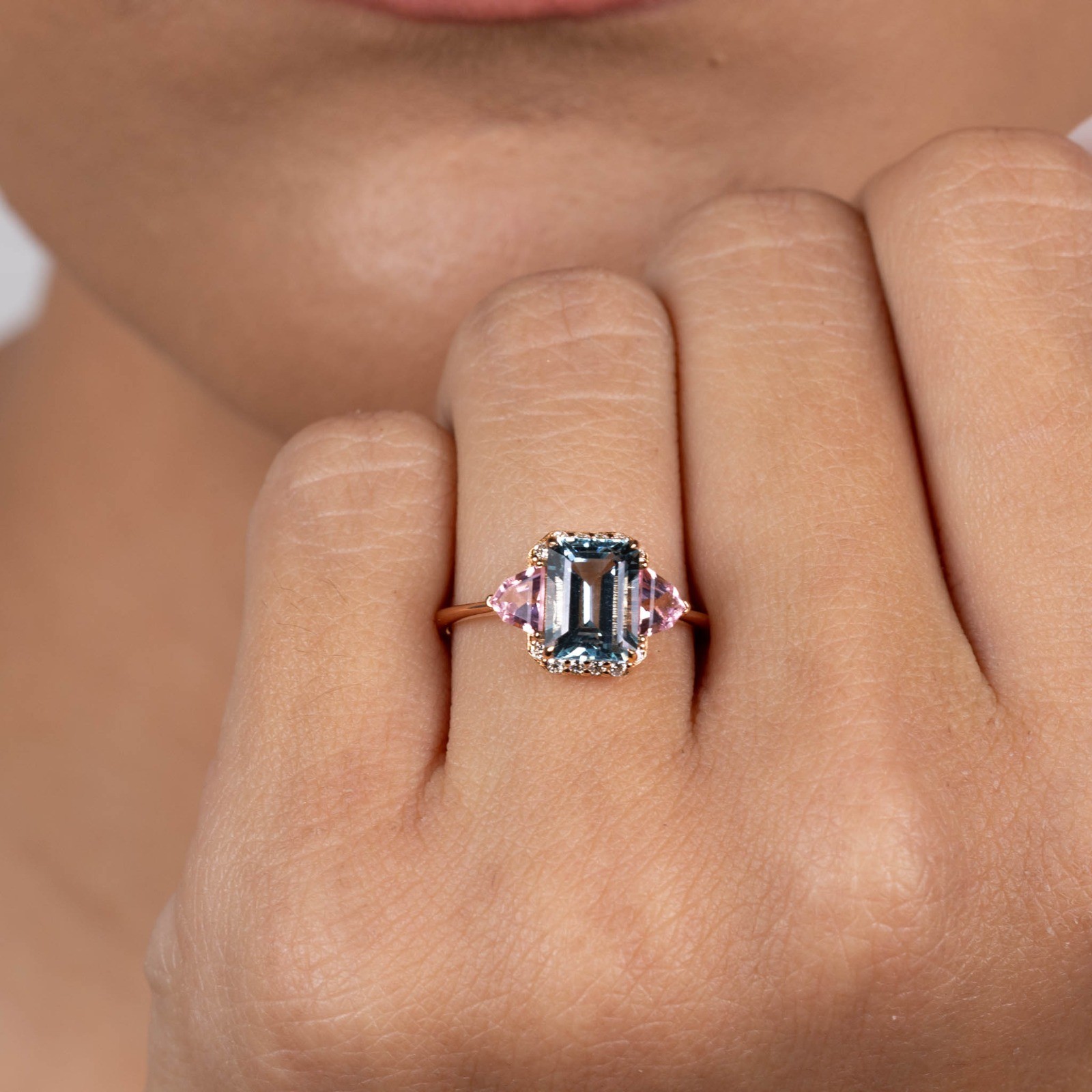  Inel Aur Roz 18K, Aquamarine 1.93 Ct, Turmalina Roz 0.57 Ct, Diamante 0.10 Ct 2