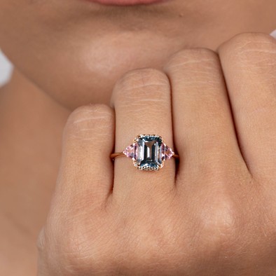  Inel Aur Roz 18K, Aquamarine 1.93 Ct, Turmalina Roz 0.57 Ct, Diamante 0.10 Ct 2