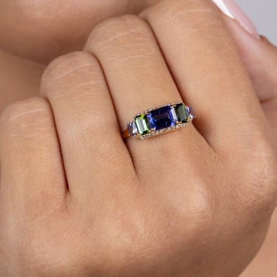  Inel Aur Galben 18K, Tanzanite 0.95 Ct, Turmalina Verde 0.56 Ct,  Tanzanite 0.33 Ct, Diamante 0.14 Ct 2