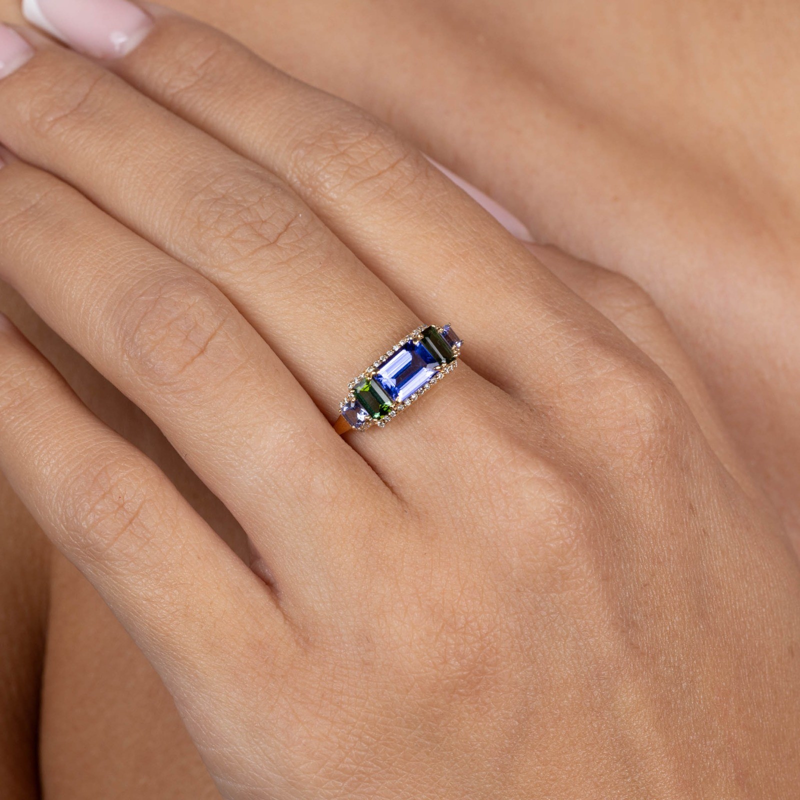  Inel Aur Galben 18K, Tanzanite 0.95 Ct, Turmalina Verde 0.56 Ct,  Tanzanite 0.33 Ct, Diamante 0.14 Ct 4