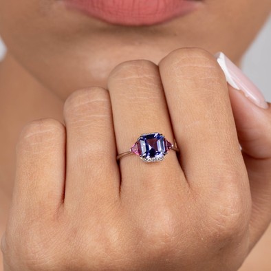  Inel Aur Alb 18K, Tanzanite 1.73 Ct, Turmalina Roz 0.34 Ct, Diamante 0.06 Ct 2