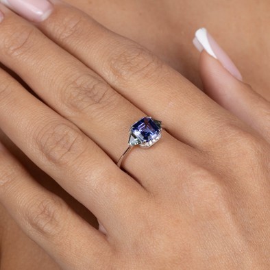  Inel Aur Alb 18K, Tanzanite 1.56 Ct,  Turmalina Verde 0.34 Ct, Diamante 0.06 Ct 3
