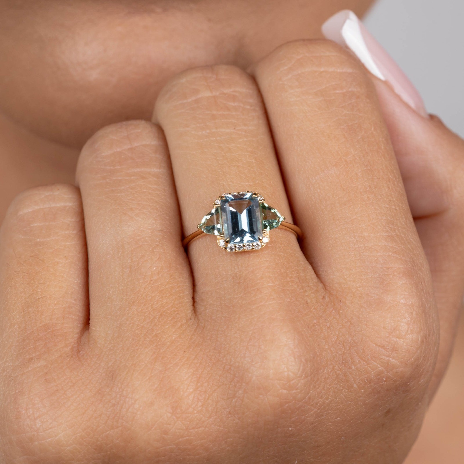  Inel Aur Galben 18K, Aquamarine 1.28 Ct, Turmalina Verde 0.56 Ct, Diamante 0.10 Ct 2