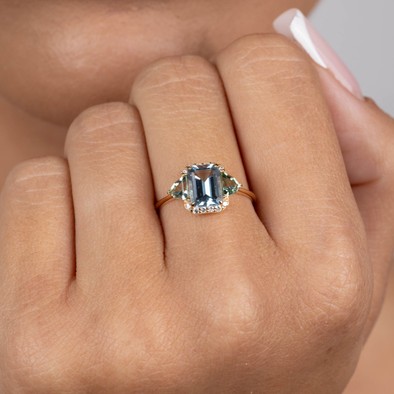  Inel Aur Galben 18K, Aquamarine 1.28 Ct, Turmalina Verde 0.56 Ct, Diamante 0.10 Ct 2