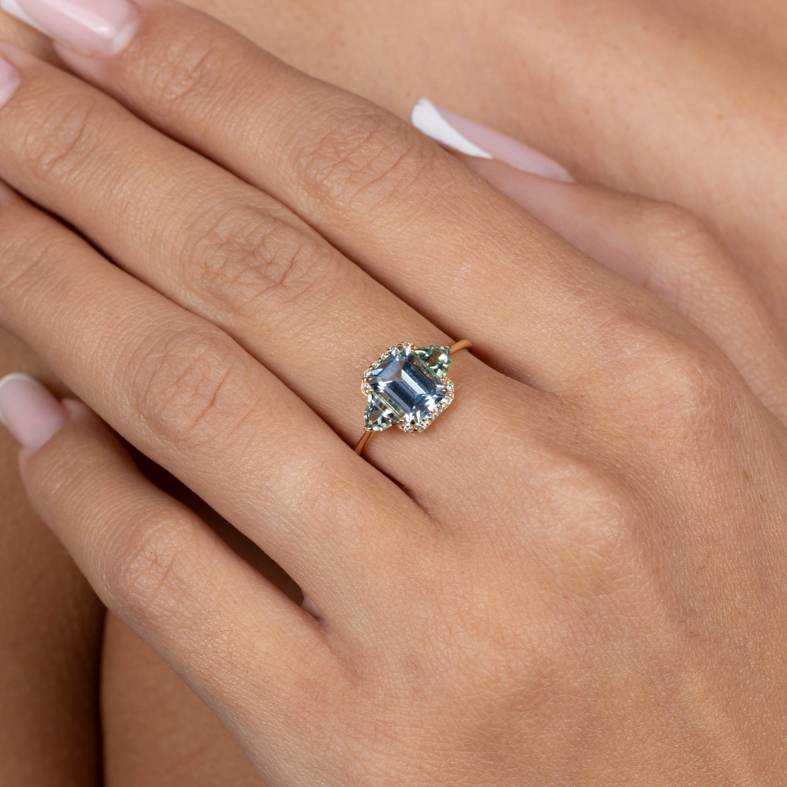  Inel Aur Galben 18K, Aquamarine 1.28 Ct, Turmalina Verde 0.56 Ct, Diamante 0.10 Ct 3