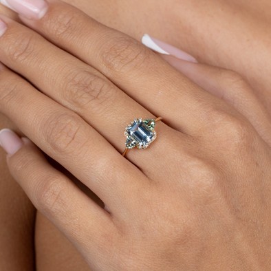  Inel Aur Galben 18K, Aquamarine 1.28 Ct, Turmalina Verde 0.56 Ct, Diamante 0.10 Ct 3