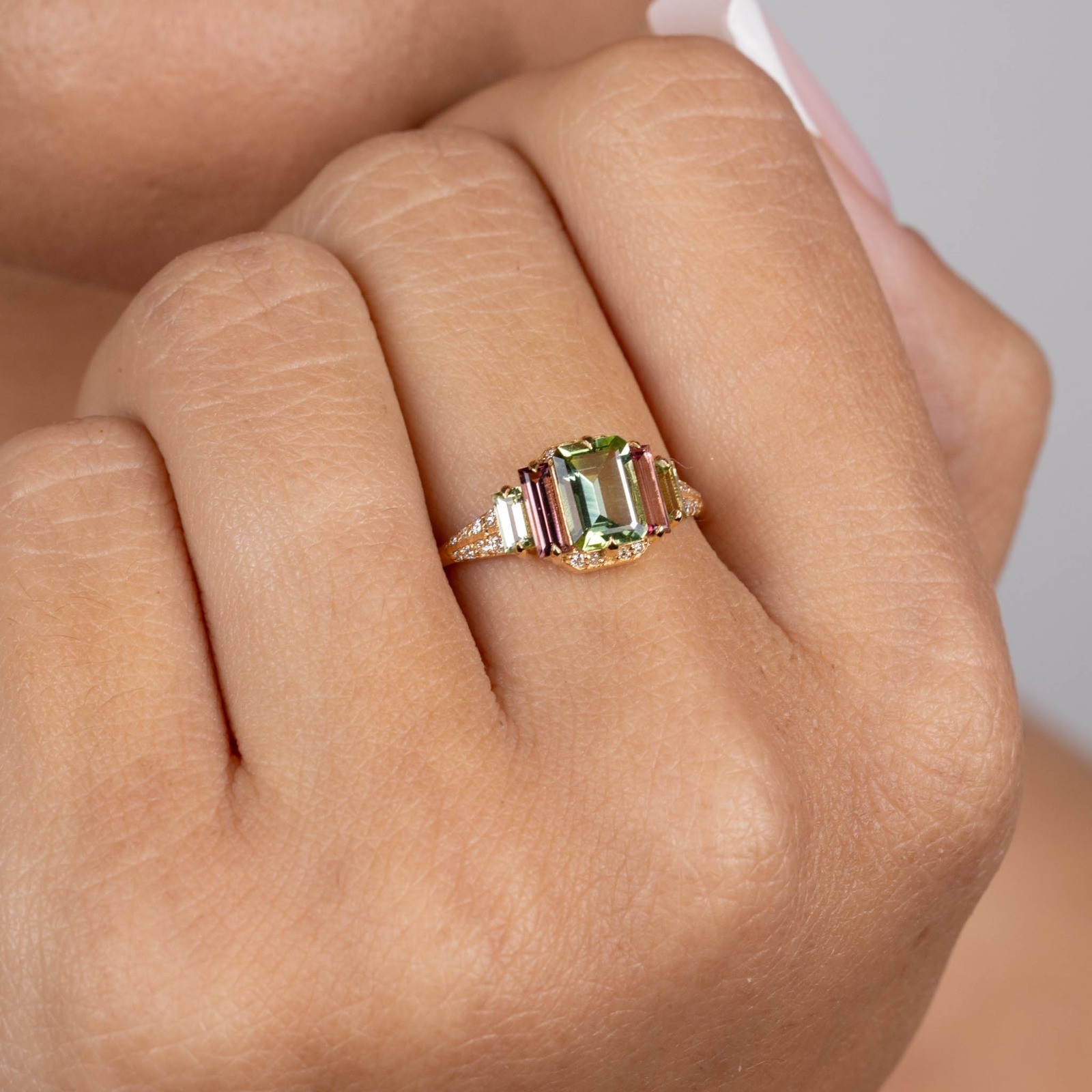  Inel Aur Galben 18K, Turmalina Verde 0.95 Ct, Turmalina Roz 0.38 Ct, Turmalina Verde 0.23 Ct, Diamante 0.12 Ct 2