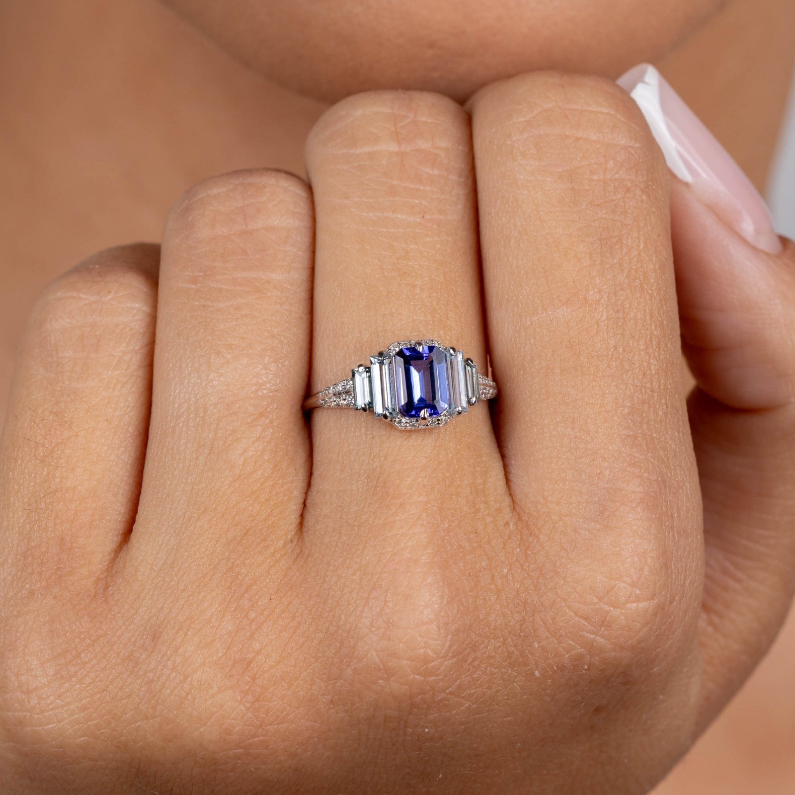  Inel Aur Alb 18K, Tanzanite 0.81 Ct, Aquamarine 0.38 Ct, Turmalina 0.20 Ct, Diamante 0.12 Ct 2