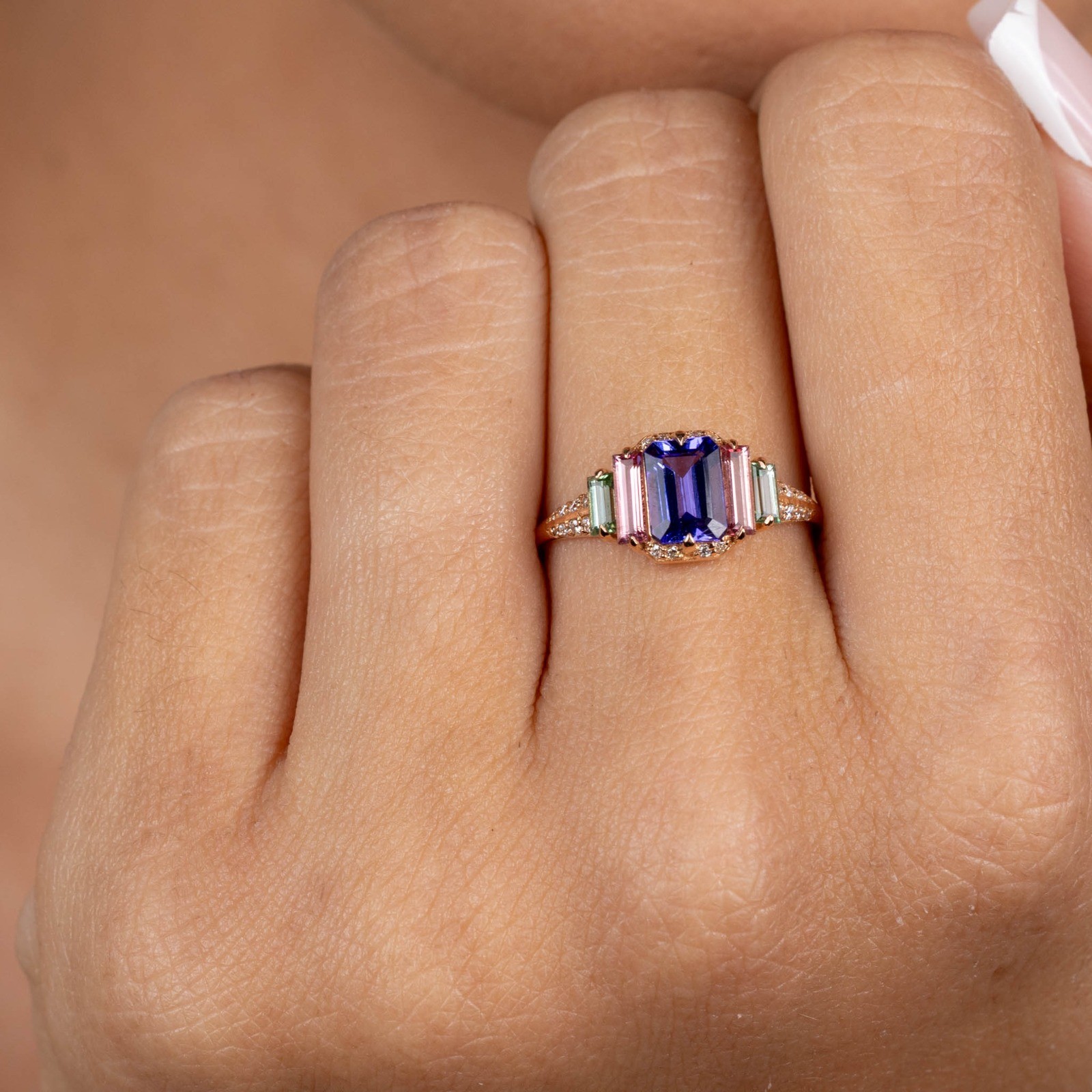  Inel Aur Roz 18K, Tanzanite 0.98 Ct, Turmalina Roz 0.35 Ct, Turmalina Verde 0.26 Ct,  Diamante 0.12 Ct 2