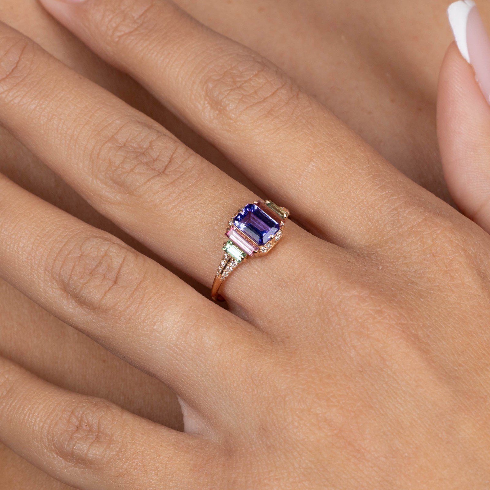  Inel Aur Roz 18K, Tanzanite 0.98 Ct, Turmalina Roz 0.35 Ct, Turmalina Verde 0.26 Ct,  Diamante 0.12 Ct 3