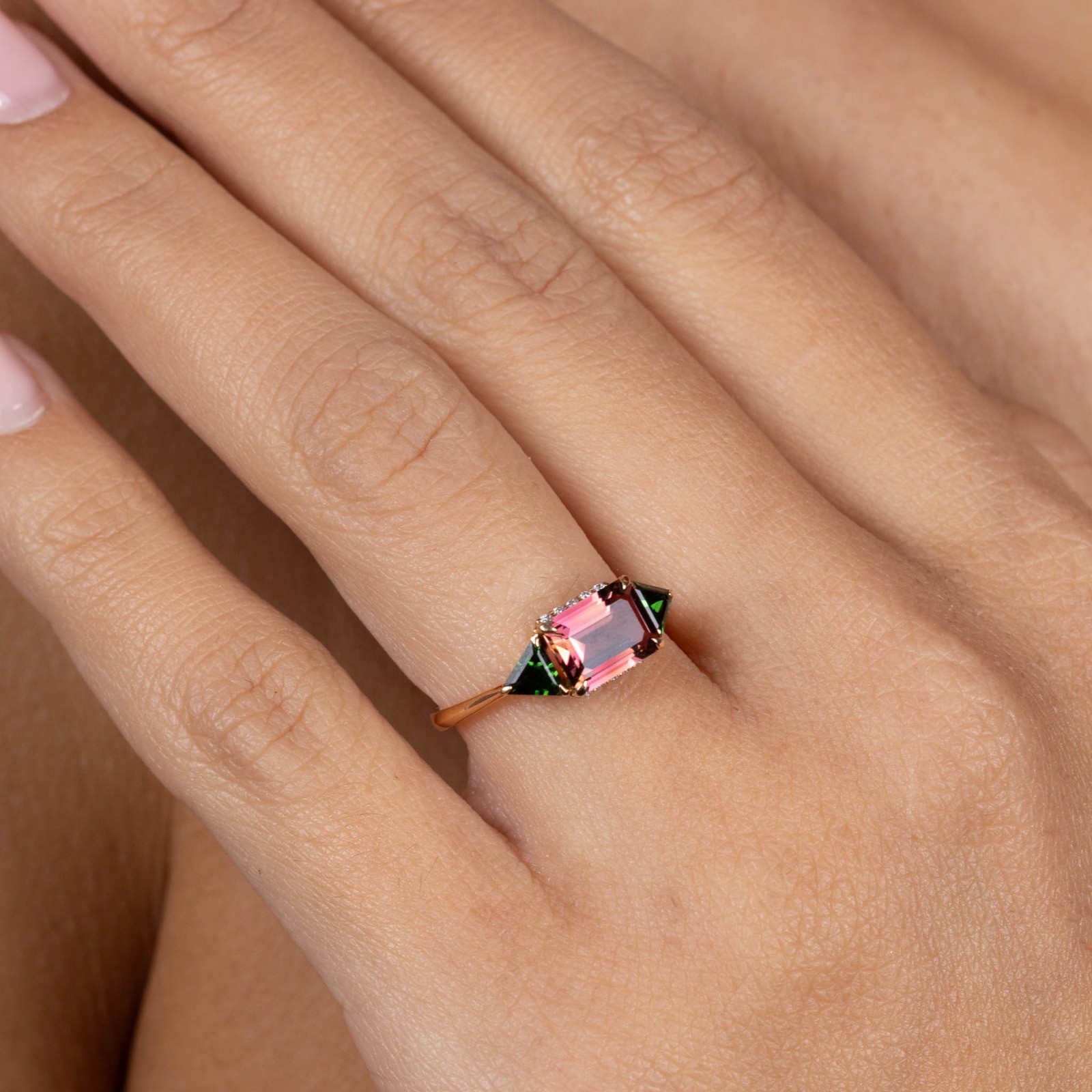  Inel Aur Roz 18K, Turmalina Roz 1.29 Ct, Turmalina Verde 0.41 Ct,  Diamante 0.05 Ct 3