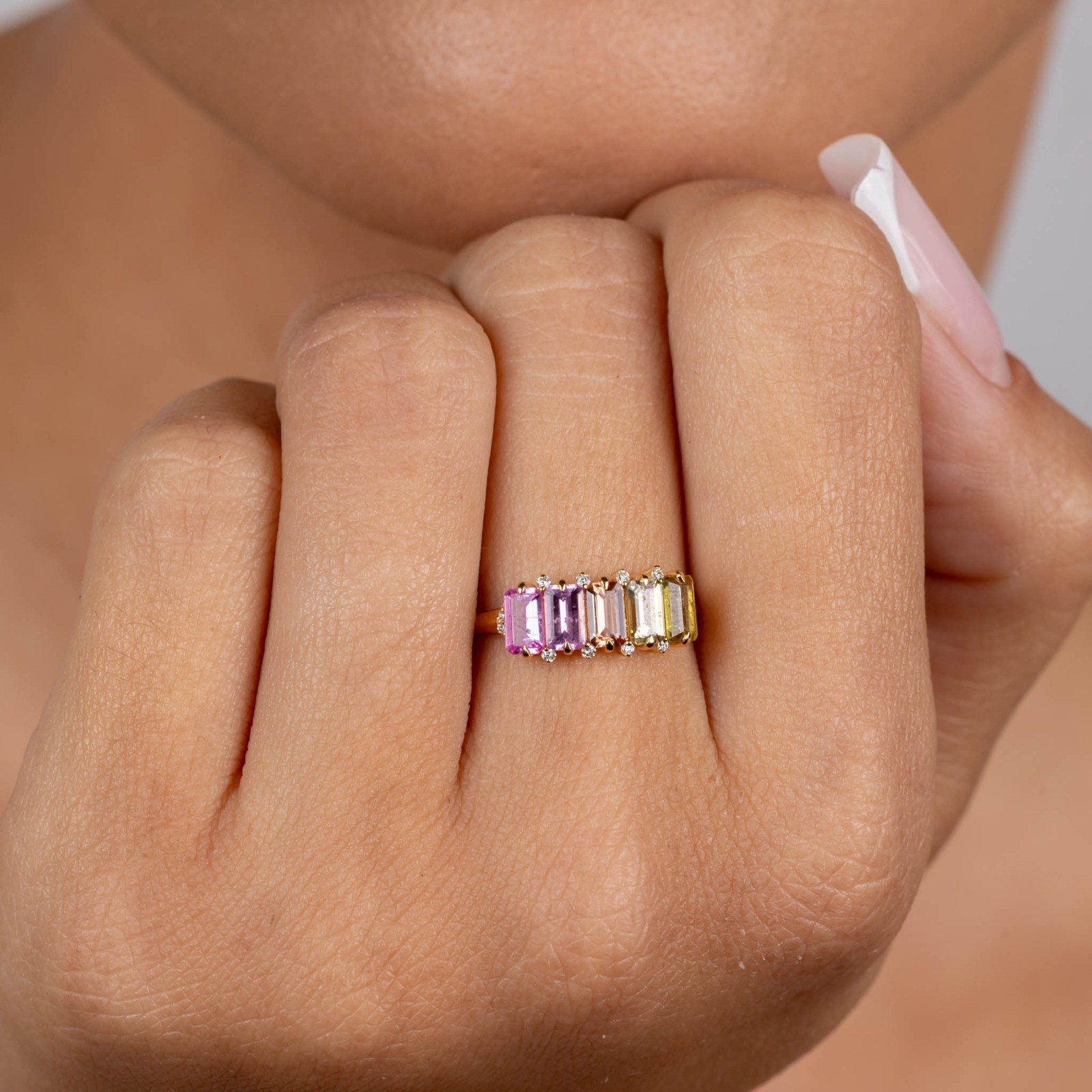  Inel Aur Galben  18K, Safire Multicolore 1.53 ct, Diamante 0.06 Ct 2