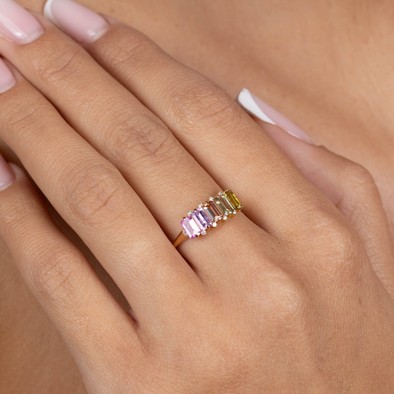  Inel Aur Galben  18K, Safire Multicolore 1.53 ct, Diamante 0.06 Ct 3