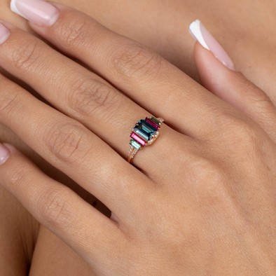  Inel Aur Roz 18K, Turmalina Albastra  1.08 Ct, Turmalina Roz 0.34 Ct, Turmalina Verde 0.23 Ct, Diamante 0.12 Ct 3