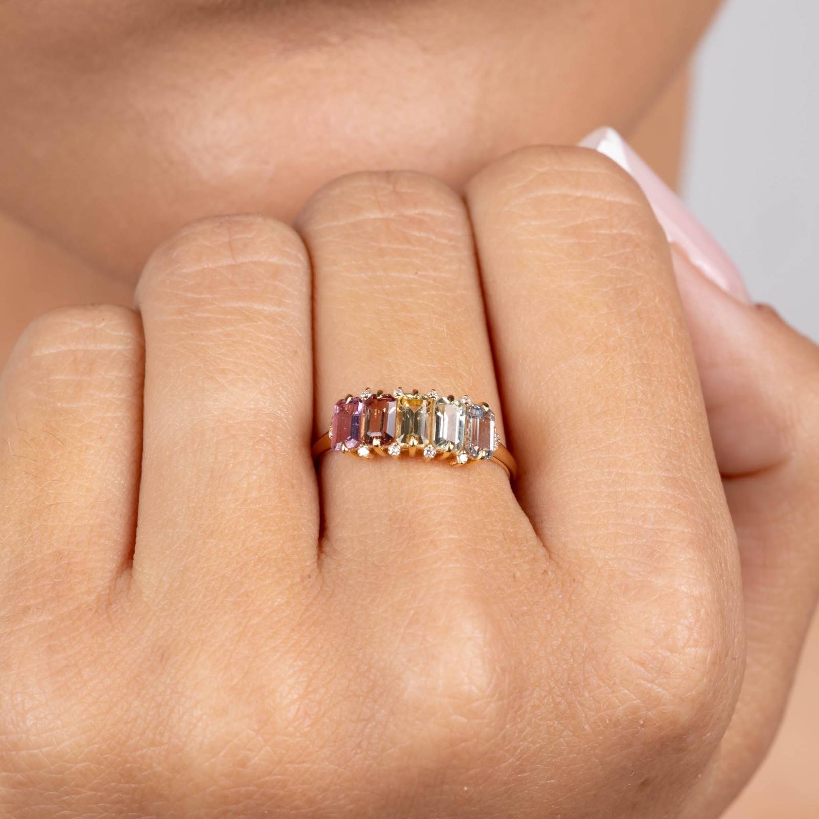  Inel Aur Galben 18K, Safire Multicolore 1.86 ct, Diamante 0.06 Ct 2