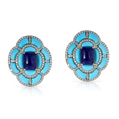  Cercei Aur Galben  14K, Turquoise 8.00 ct, Lapis Lazuli 7.00 ct, Diamante 1.35 ct 1