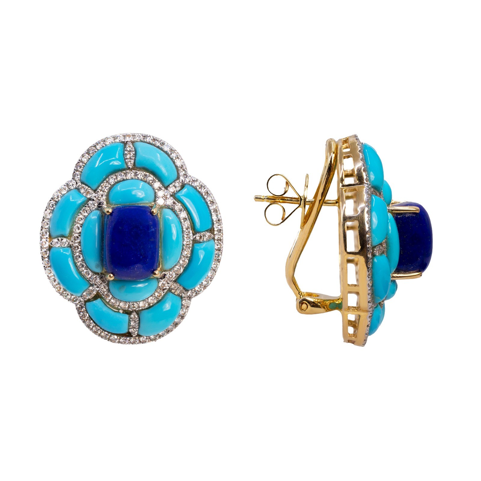  Cercei Aur Galben  14K, Turquoise 8.00 ct, Lapis Lazuli 7.00 ct, Diamante 1.35 ct 2