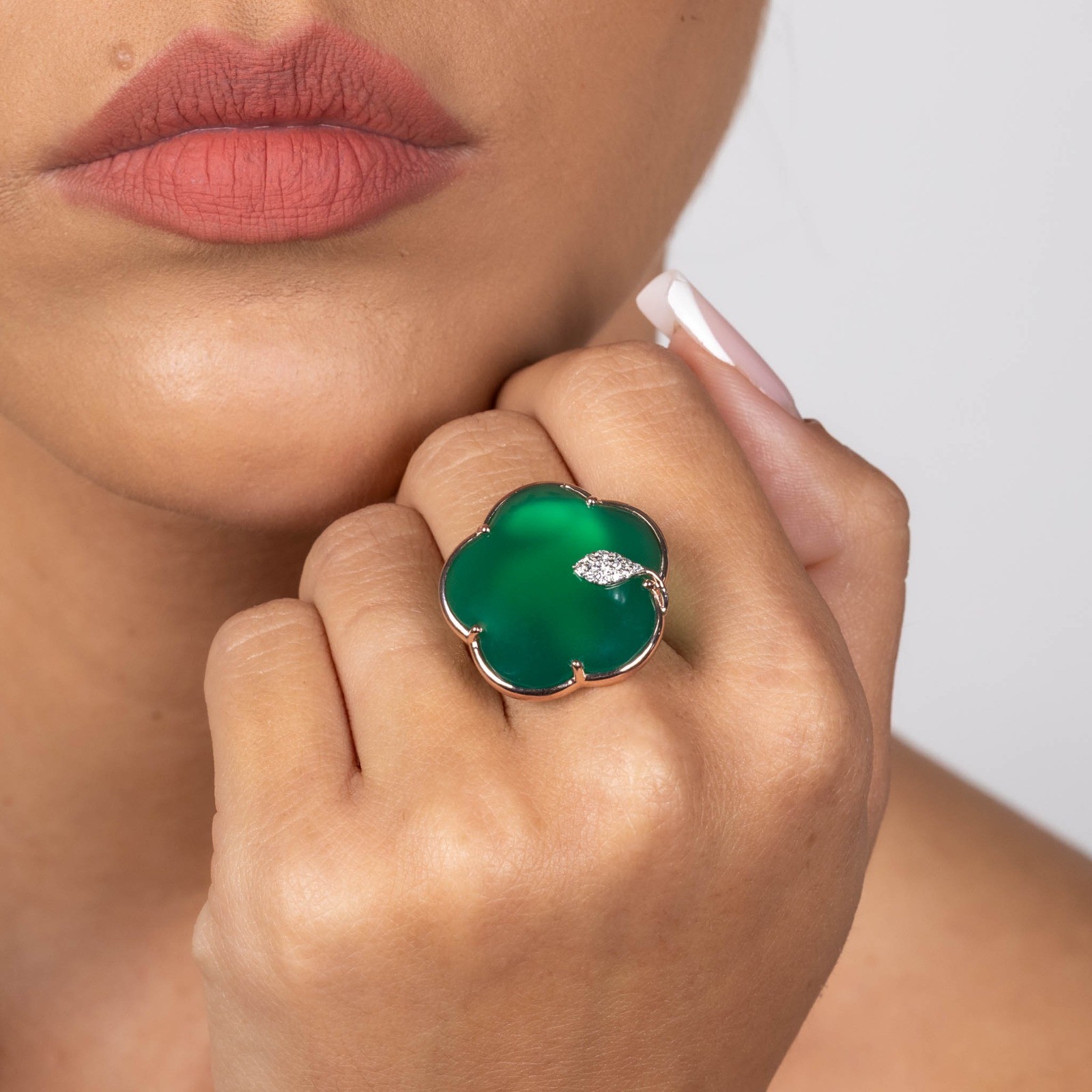  Inel Aur Roz 14K, Onix Verde 21.30 ct, Diamante 0.12 Ct 2