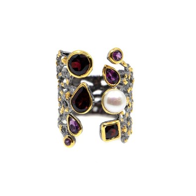  Inel Argint 925, Granat, Rodolit, Perla 1