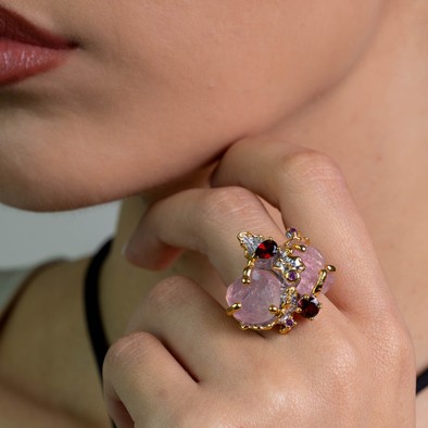  Inel Argint 925, Cuart Roz Brut, Rodolit, Granat 2