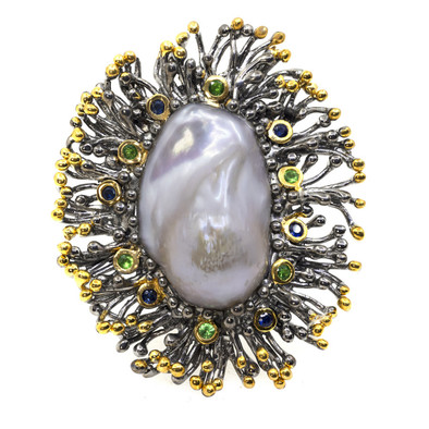  Inel Argint 925, Perla Baroque 33 ct, Tsavorite, Safire 1