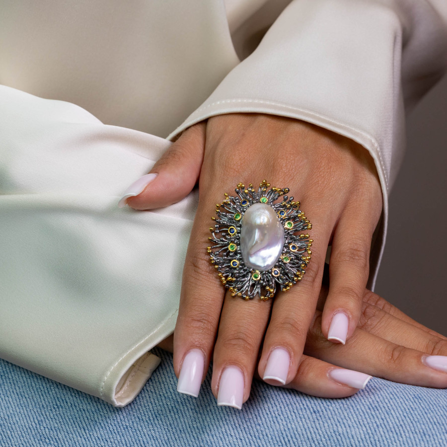  Inel Argint 925, Perla Baroque 33 ct, Tsavorite, Safire 2