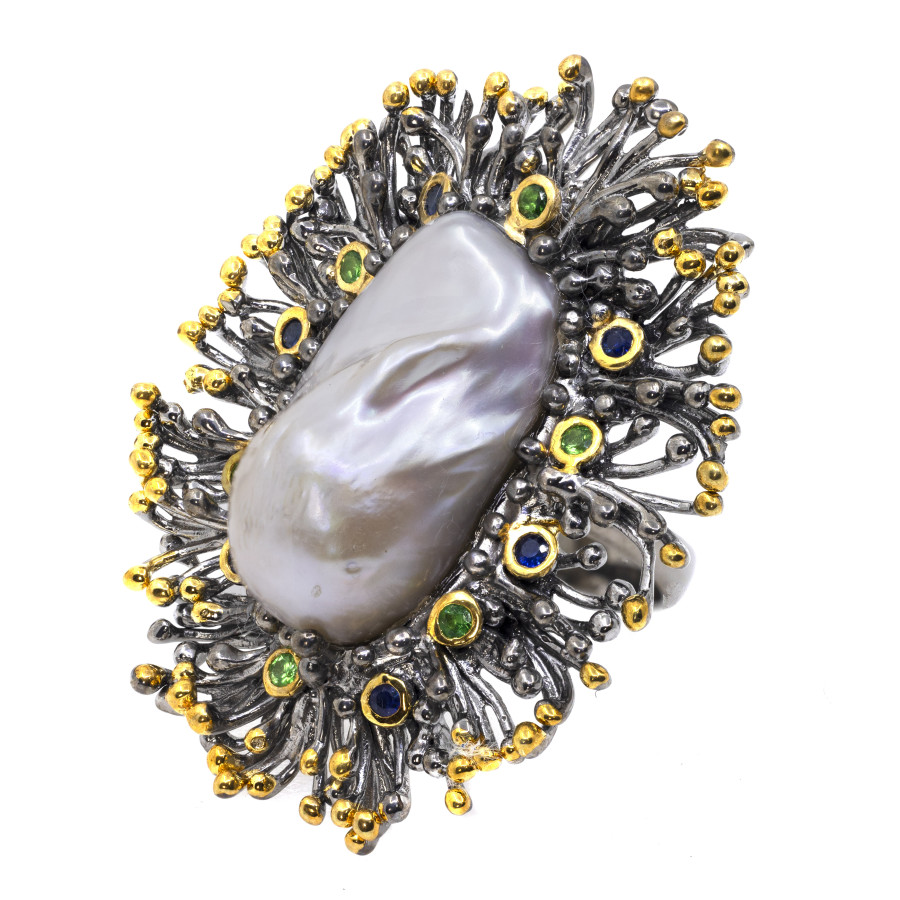  Inel Argint 925, Perla Baroque 33 ct, Tsavorite, Safire 3