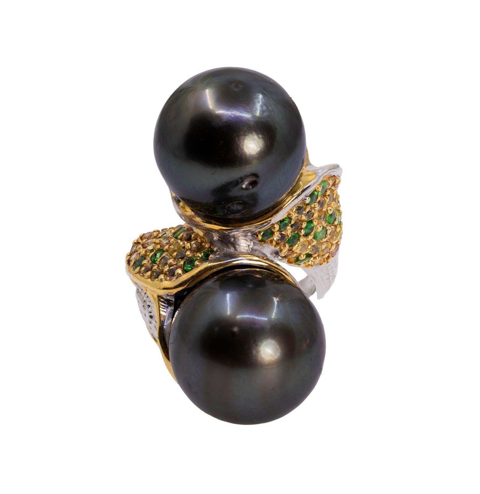  Inel Argint 925, Perla Tahiti,  Tsavorite, Safire Fancy 1