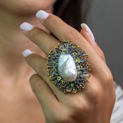  Inel Argint 925, Perla Baroque 33 ct, Tsavorite, Safire 4