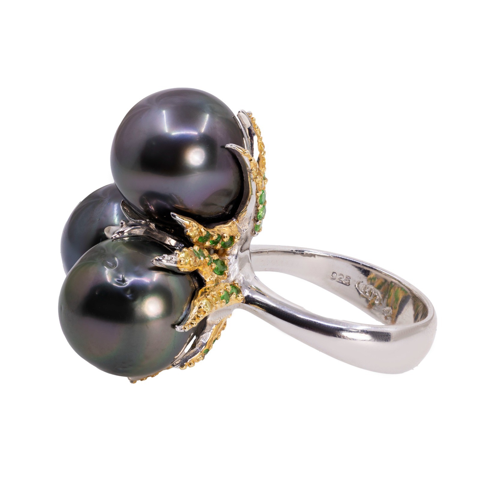  Inel Argint 925, Perla Tahiti, Tsavorite, Safire Fancy 3