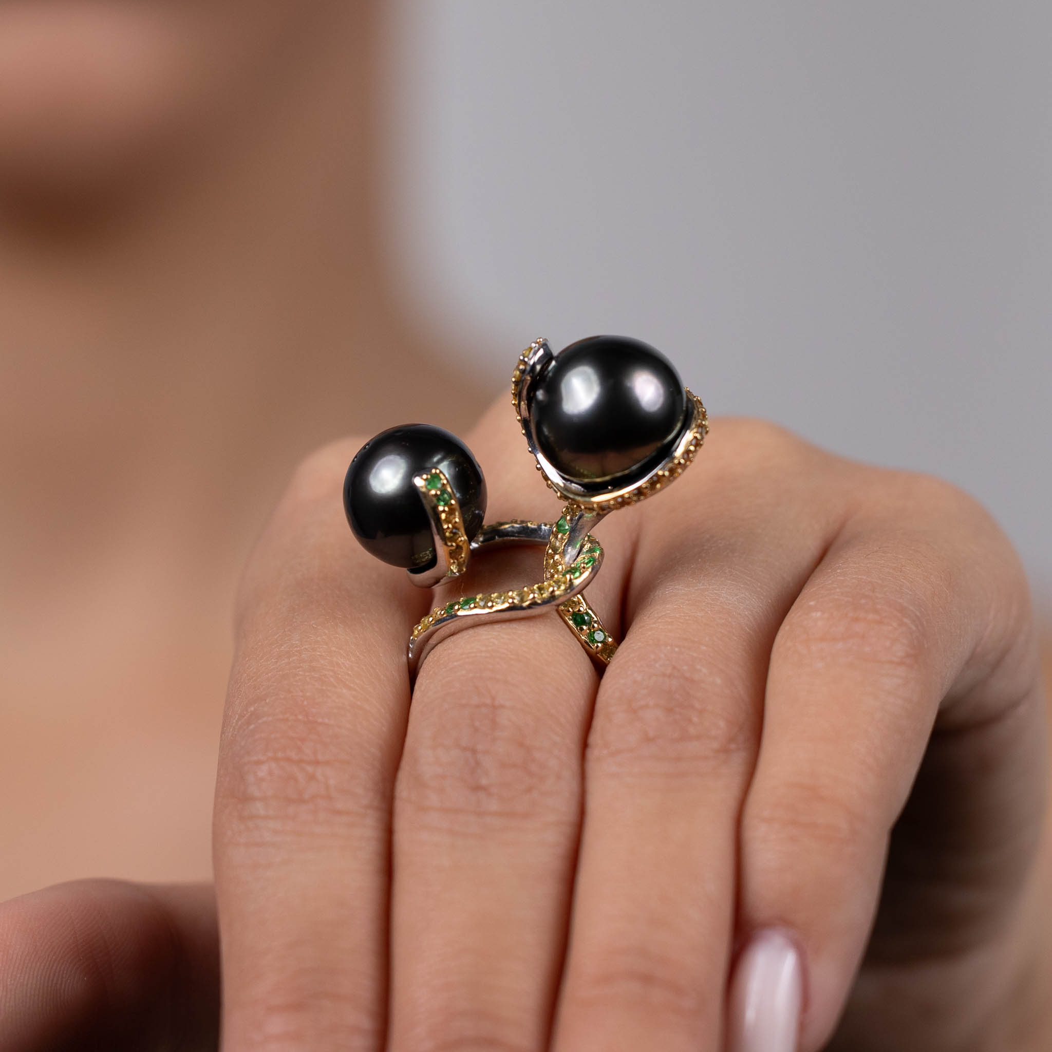  Inel Argint 925, Perla Tahiti, Tsavorite, Safire Fancy 5