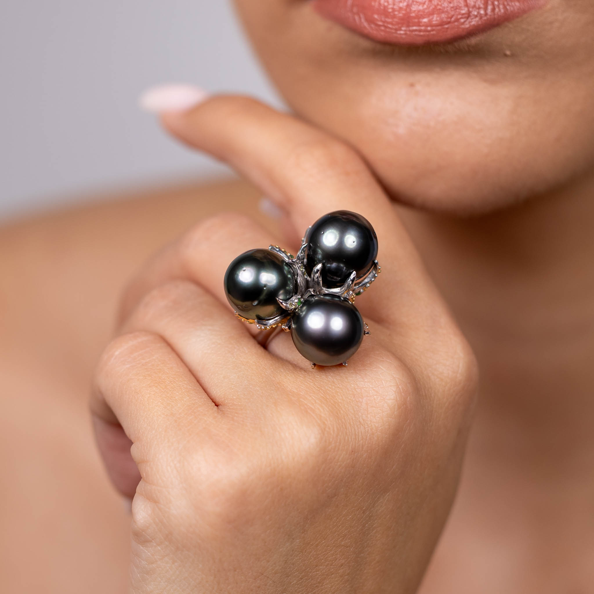  Inel Argint 925, Perla Tahiti, Tsavorite, Safire Fancy 2