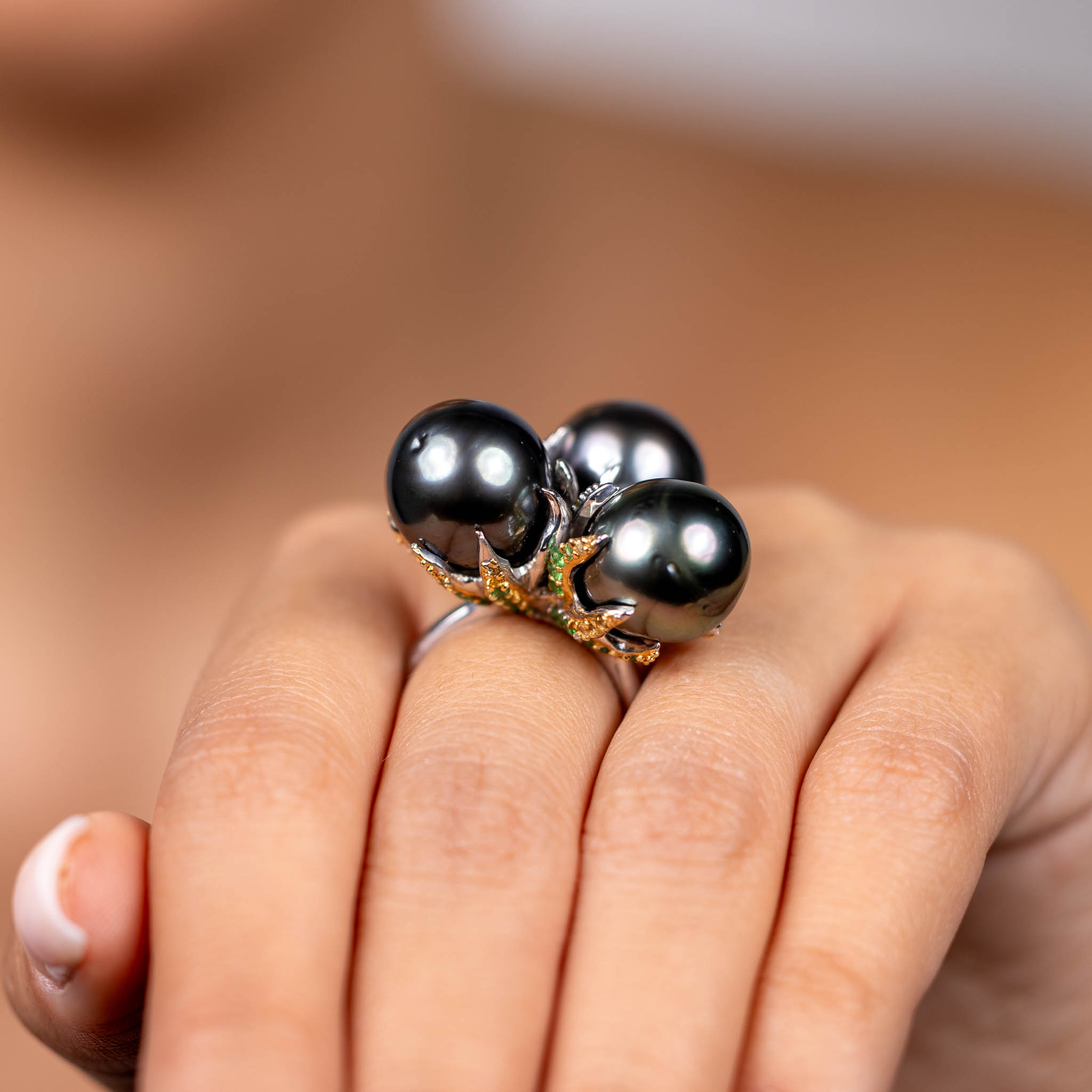  Inel Argint 925, Perla Tahiti, Tsavorite, Safire Fancy 5