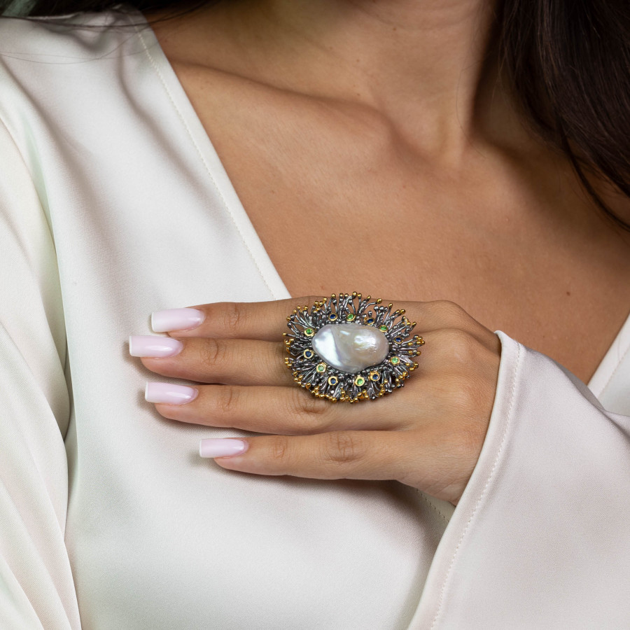  Inel Argint 925, Perla Baroque 33 ct, Tsavorite, Safire 5