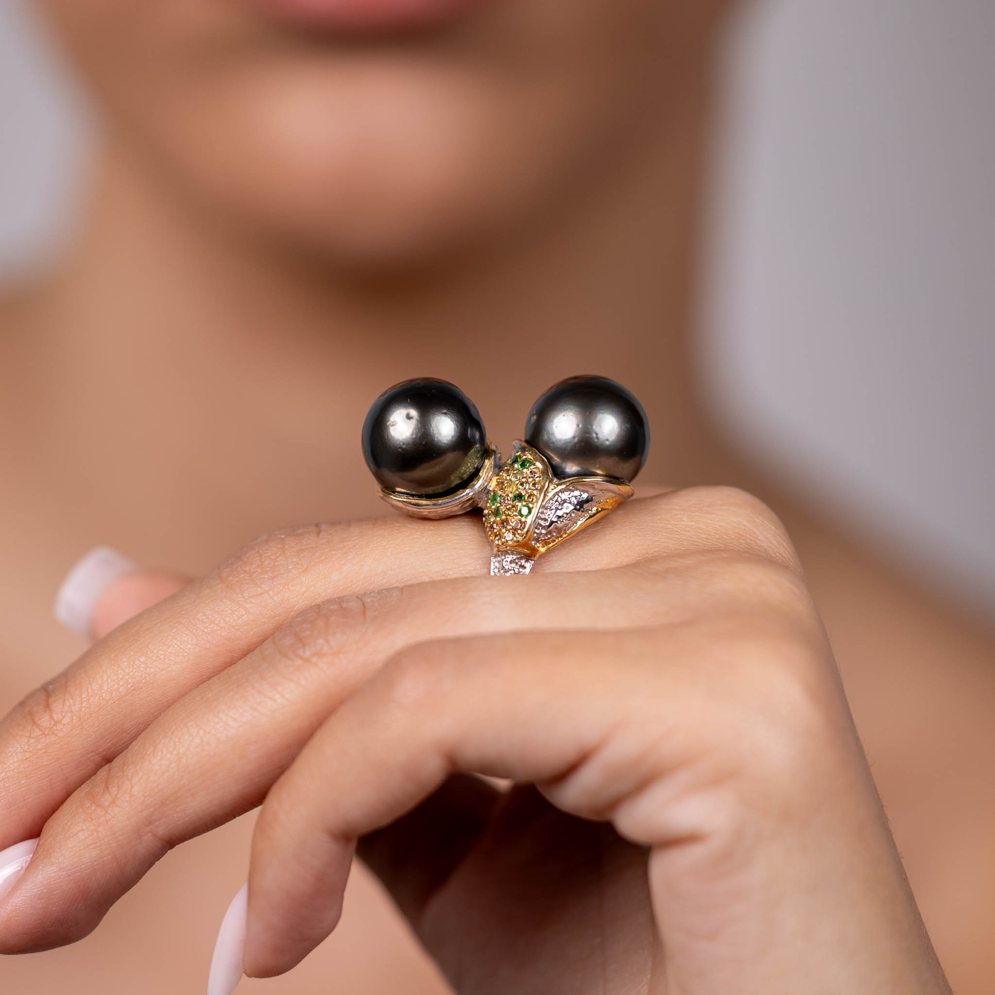  Inel Argint 925, Perla Tahiti,  Tsavorite, Safire Fancy 2