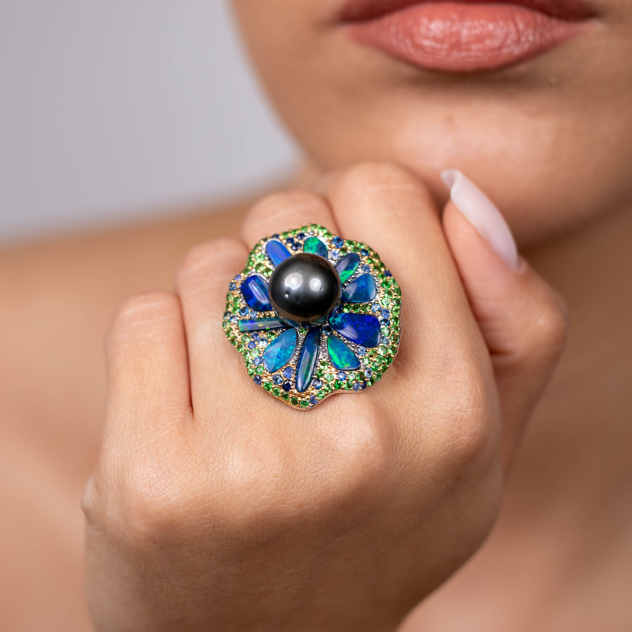  Inel Argint 925,  Perla Tahiti,  Opal Australian, Tsavorite, Safire 2