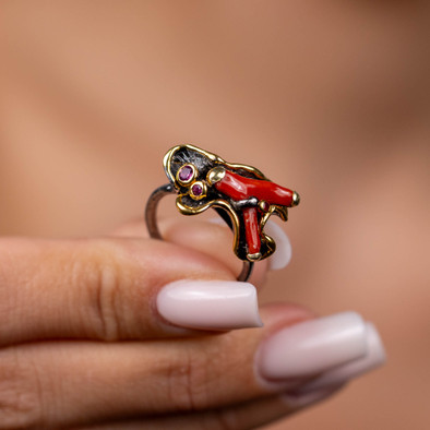  Inel Argint 925, Coral, Safir Roz 5