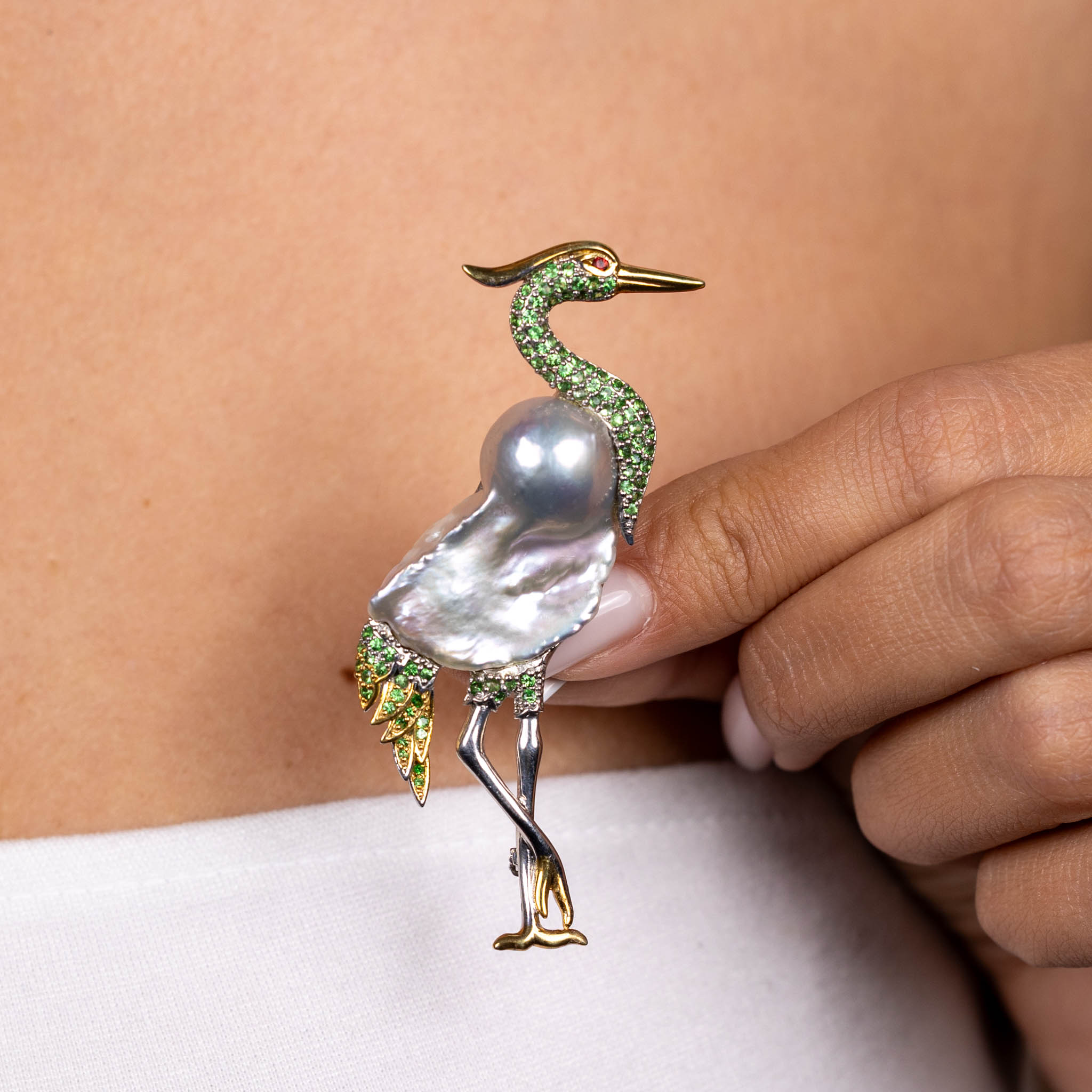  Brosa-Pandantiv Argint 925, Perla Baroque, Tsavorite 1.23 ct, Rubin 2