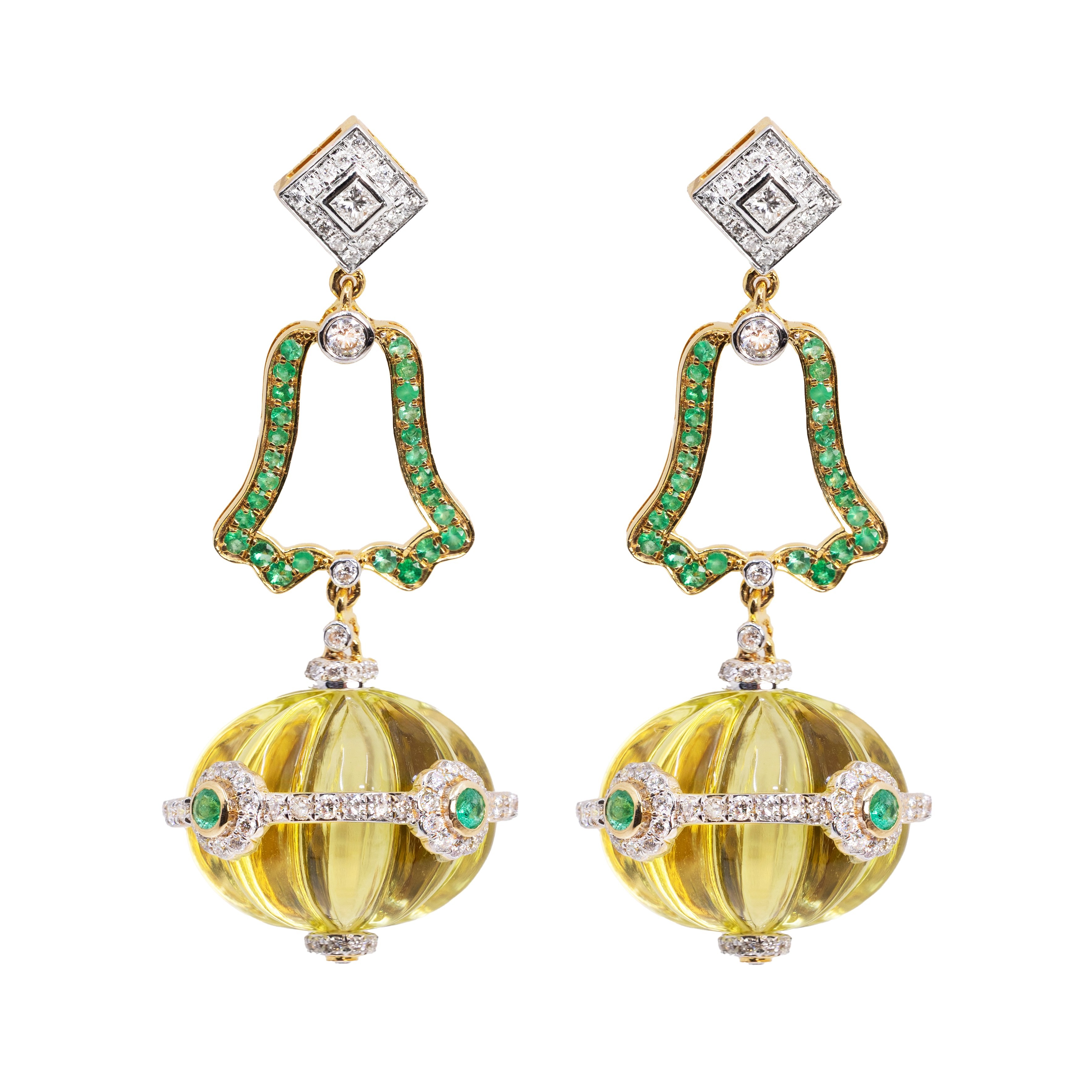  Cercei Aur Galben 14k, Lemon Cuart 37.80 ct, Diamante 1.28 ct, Smaralde 0.62 ct 1