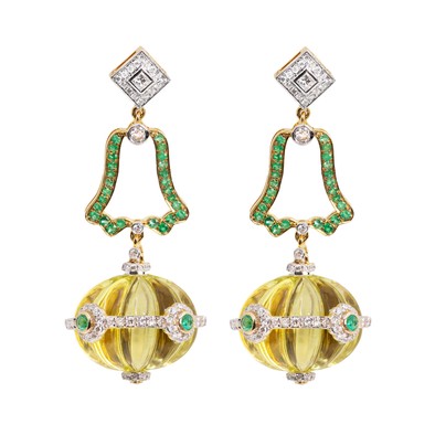  Cercei Aur Galben 14k, Lemon Cuart 37.80 ct, Diamante 1.28 ct, Smaralde 0.62 ct 1