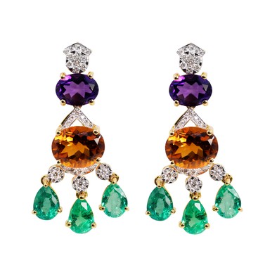  Cercei Aur Galben  18k, Smarald 13.90 ct, Citrin 5.18 ct, Ametist 2.25 ct, Diamante 0.61 ct 1