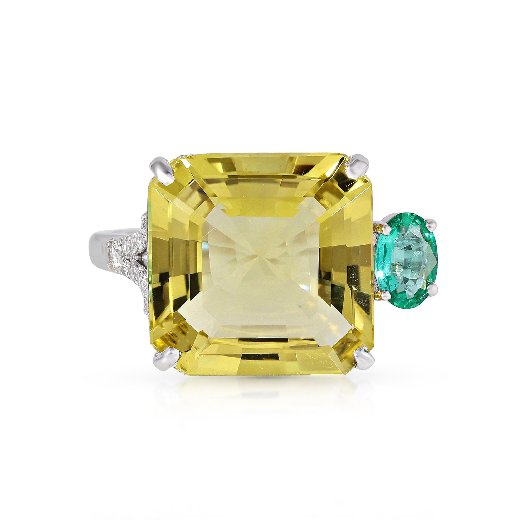  Inel Aur Alb 14K, Lemon Cuart 10.00 Ct, Smarald 0.32 Ct,  Diamante 0.15 Ct 1