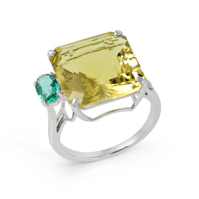  Inel Aur Alb 14K, Lemon Cuart 10.00 Ct, Smarald 0.32 Ct,  Diamante 0.15 Ct 3