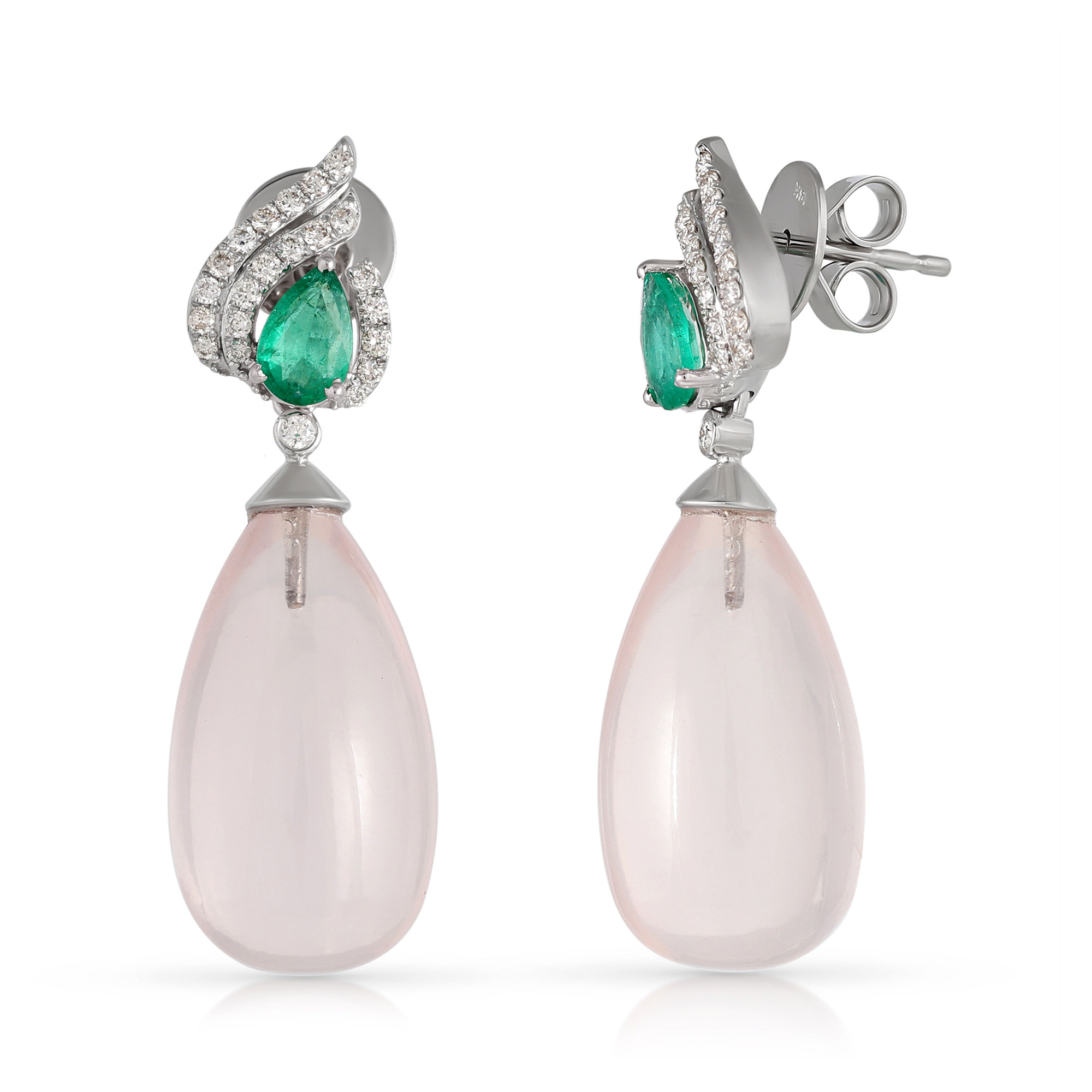  Cercei Aur Alb 14k, Cuart Roz 35.00 ct, Smaralde 0.65 Ct, Diamante 0.40 Ct 2